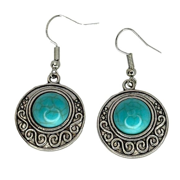 Turquoise & Silver Tone Dangle Earrings With Intricate Design - Picture 2 of 4